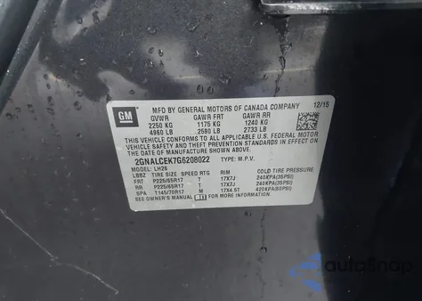 2016 Chevrolet Equinox Lt from USA, damaged, VIN 2GNALCEK7G6208022